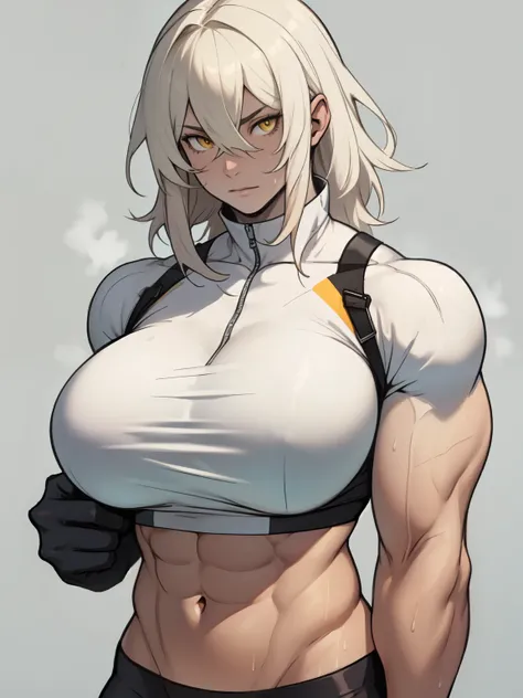 (((muscular girl toned body massive breasts))) yellow eyes hair between eyes pale skin sweaty