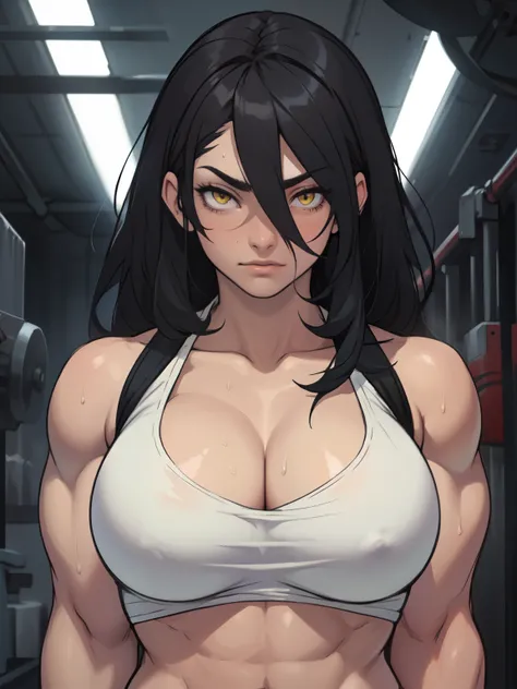 (((muscular girl toned body massive breasts))) yellow eyes black hair between eyes pale skin sweaty massive hair messy hair