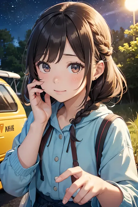 Highest quality、High resolution、Detailed Background、(Beautiful face in every detail:1.4)、Anatomically correct、(Normal number of fingers:1.2)、Detailed eyes、Teenage beauty、cute hair color、Braided Ponytail、Braided bob cut、A fun atmosphere、camper、Pure curiosit...