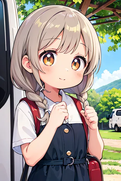 Highest quality、High resolution、Detailed Background、(Beautiful face in every detail:1.4)、Anatomically correct、Normal number of fingers、Teenage beauty、cute hair color、Braided Ponytail、Braided bob cut、A fun atmosphere、camper、Pure curiosity and the anticipati...