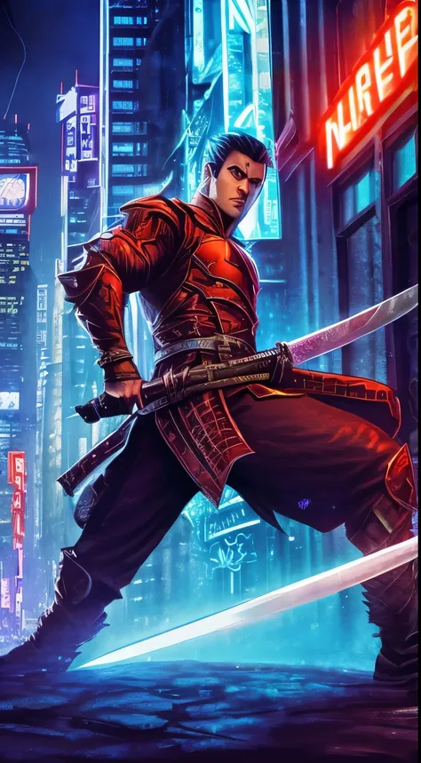 Blade, the vampire hunter, leaping through the air with his katana, surrounded by a dark, urban cityscape illuminated by neon lights