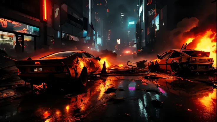 A burning car after a crash, cyberpunk, apocalips world