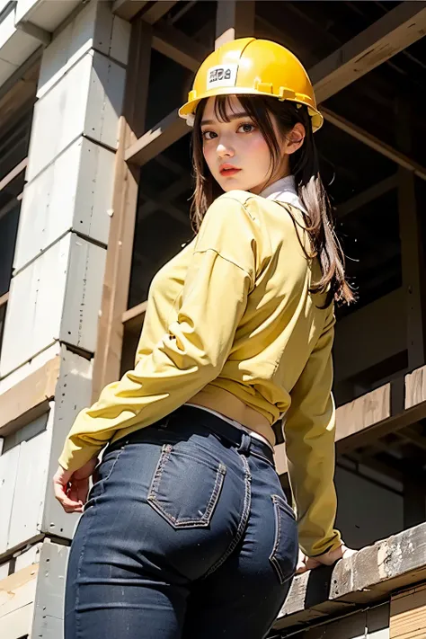 Masterpiece, bokeh, Beautiful face, (Japanese idle:1.6), (working  uniform:1.3), (Looking back in  Building construction site:1.3), (Yellow helmet:1.3), working boots, (From below:1.5), 