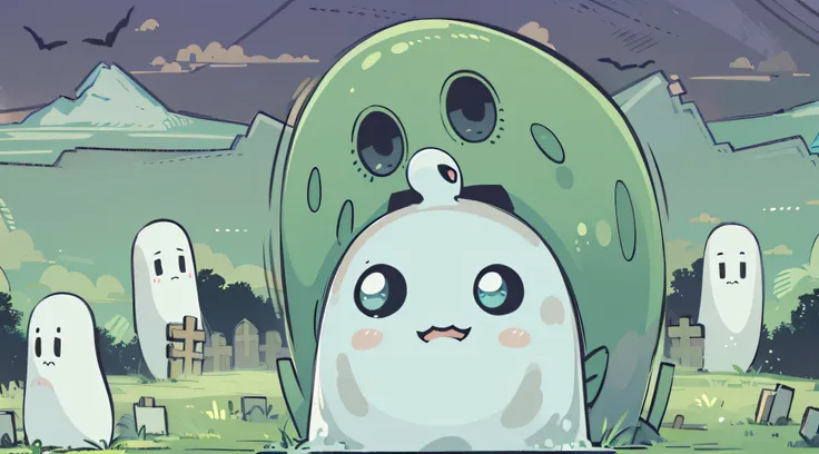 kawaii anime ghosts in graveyard