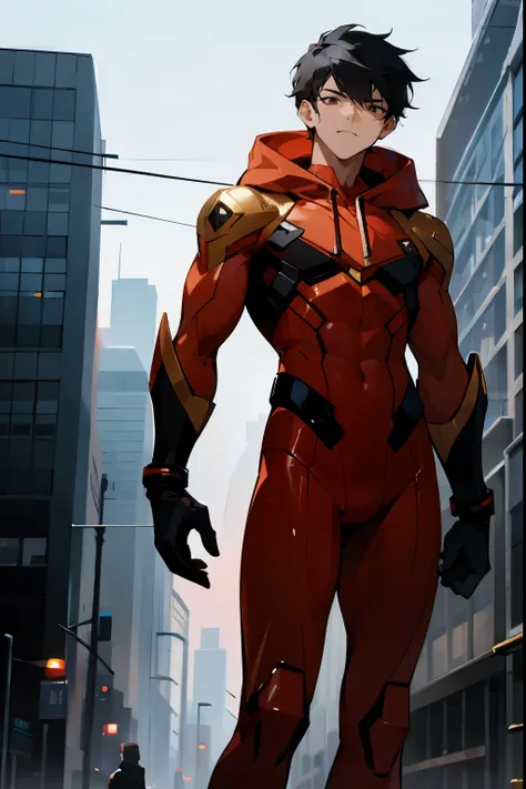 1male , Black Hair , Black Eyes , Red Bodysuit , Perfect Generation , Standing on Sidewalk , Modern City Background , Young Male , Hood ,Gold Accents on the clothing , Facing Viewer, Hero Suit , Lean Muscular