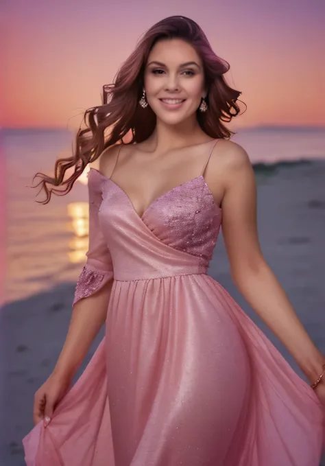 arafed woman in a pink dress on the beach at sunset, rose gold hour, dressed in a pink dress, pink glitter mermaid dress, wearing a pink ball gown, pink dress, wearing a pink dress, beautiful woman, wearing a magnificent dress, Catarina, brilliant pink bal...