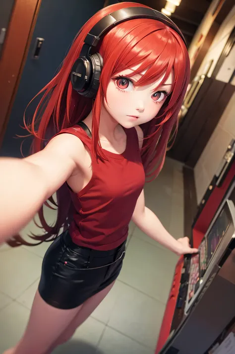 girl anime, 15 years, selfie, head-set, music, red eyes, red hair, angry, fire background
