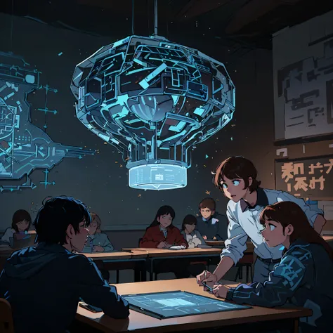 Open plan, with semi-angle lens (22mm) Teacher in classroom (modern and colorful school style) showing his school students a hologram suspended above his desk that shows the basic structure of an AI. This surprising scene captures the essence of a class on...