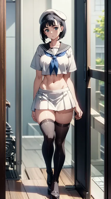 (Beautiful Face),1 female,Suguha Kirigaya,Short-sleeved sailor suit,Low-rise skirt,Very short skirt,Black Hair,middle hair,Very small waist,Very thin body,very Large Breasts,Thigh-high stockings,Platform boots,10 years old,