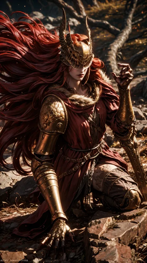 from above, high view shot, in the heart of Elden ring, a young beautiful Malenia, long red hair, blood hair, malenias helmet, sexy malenias armor, holding a large sword. On the slopes of a cursed tree that cries blood, dust, red energy, epic sensual pose,...