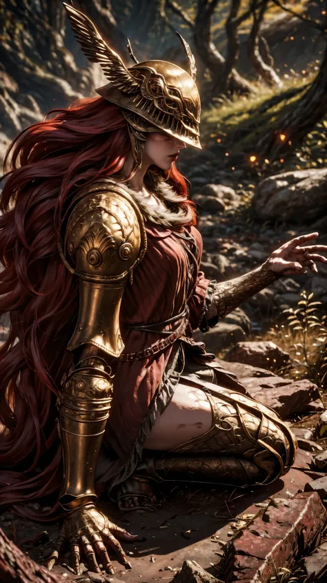 from above, high view shot, in the heart of Elden ring, a young beautiful Malenia, long red hair, blood hair, malenias helmet, sexy malenias armor, holding a large sword. On the slopes of a cursed tree that cries blood, dust, red energy, epic sensual pose,...