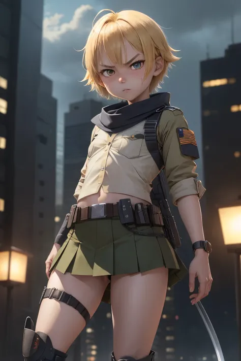 Anime girl 8 years old , childishi body , angry face  menacing  , short Blonde hair , scar  , keep militar,  ,very mini-skirt ,  uniform , tactical military , katana , military boots  . Utility Belt Holster  . Smug , city night 