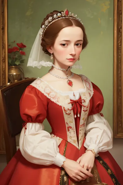  painting of a woman in a red dress with a white collar, portrait of a queen, 1 7 th century duchess, as an elegant noblewoman, inspired by Sofonisba Anguissola, 1500s oil portrait, wearing elegant tudor clothes, by Sofonisba Anguissola, painted in 1530, i...