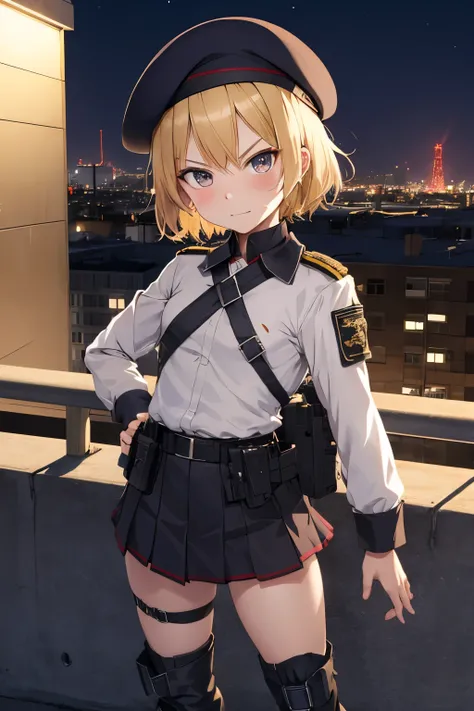 Anime girl 8 years old , childishi body , angry face  menacing  , short Blonde hair , scar in cheep , beret militar,  ,very mini-skirt ,  uniform , tactical military , katana , military boots  . Utility Belt Holster  . Smug , city night 