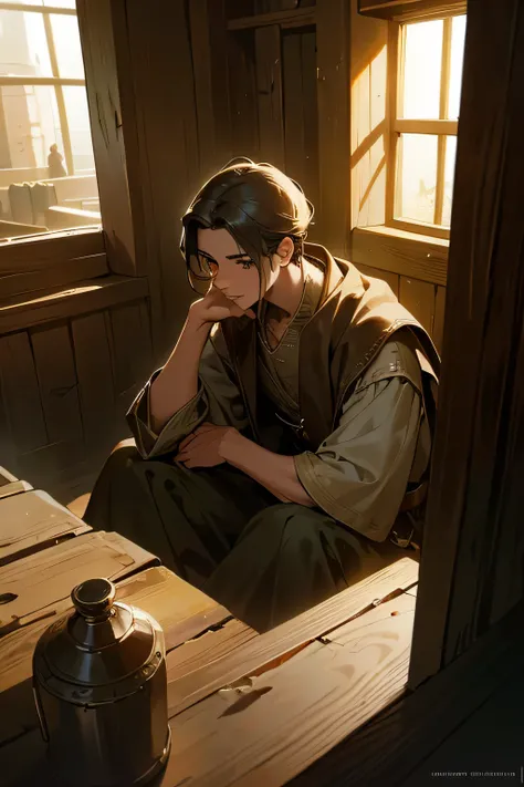 a young man in a medieval village, sitting, worried expression, hands on his ears, intricate details, realistic, 4k, photorealistic, dramatic lighting, cinematic composition, moody atmosphere, warm color palette, detailed textures, highly detailed characte...