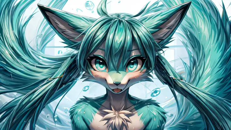 Teenager hatsune miku aqua , fox face elongated snout add-detail, Surprise face, sweaty body, heated add_detail,