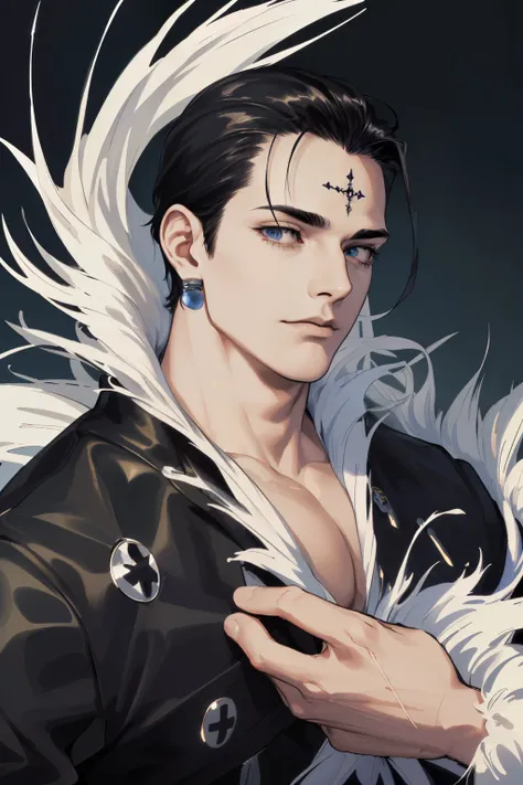 (Absurd, High resolution, Super detailed), (1 male, alone, Adult, mature, Old age, Tall and muscular man, Broad shoulders, good looking), Slicked back hair, Beautiful dark eyes, Big eyes, ( Thick neck, thin short eyebrows), break, Underworld, Black long co...
