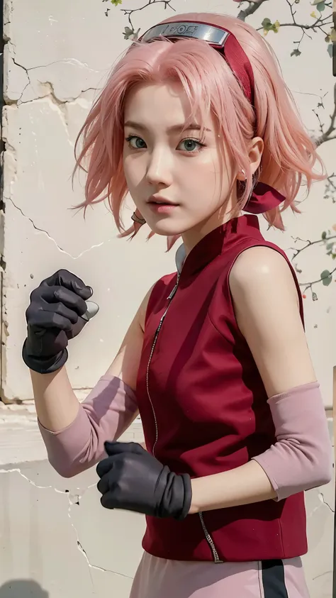 real life adaption of this character, korean teen beauty face, realistic pink hair , realistic same outfit, realistic light, rea...