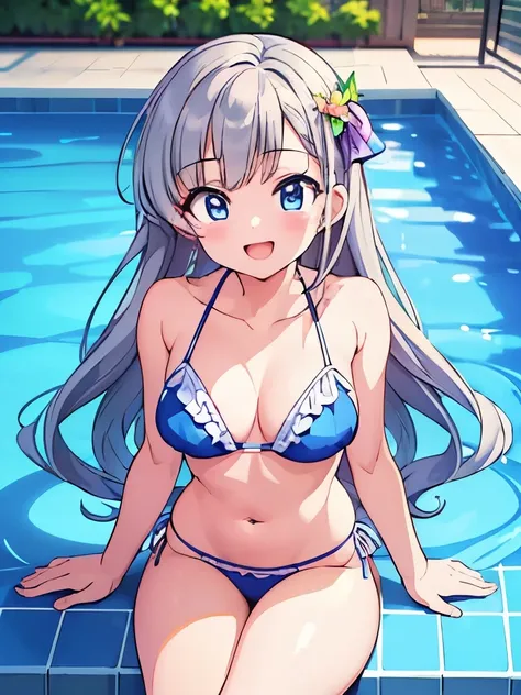 ((masterpiece)), ((best quality)), (ultra-detailed), anime style, pool, a cute girl, 1girl, solo, ((beautiful eyes)), smile, bikini00,
