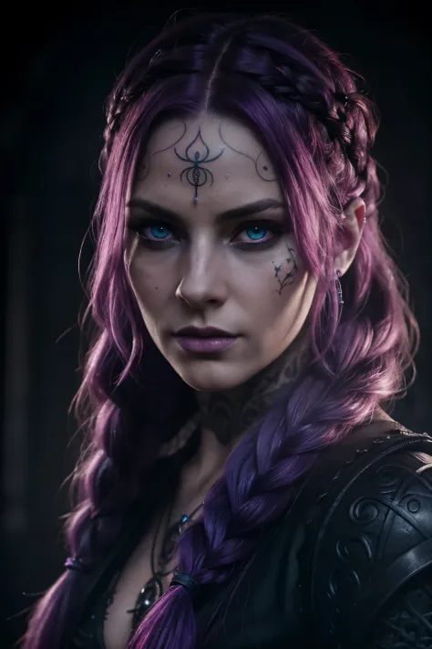 a dark soul witch, woman with long braided hair, purple and pink hair, piercing blue eyes, runes tattoos, (best quality,4k,8k,highres,masterpiece:1.2),ultra-detailed,(realistic,photorealistic,photo-realistic:1.37),intricate detailed portrait, dark fantasy,...