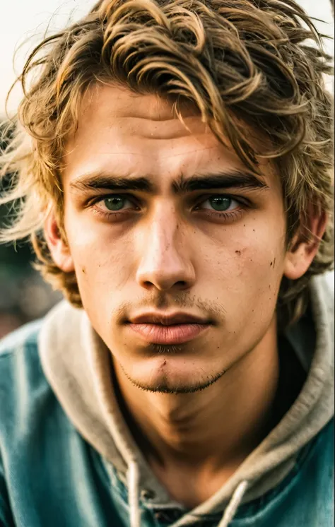 Grunge style 18 year old man,dirty blond hair,clean skin, no wrinkles,green eyes,extremely handsome,chiseled jaw,full stubble,skin pores,glossy eyes,(wavy messy hair no middle part),black harley davidson hoodie,denim jeans,torn jeans,golden hour,sitting on...