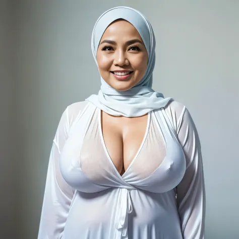 56 Years old, (matured Indonesian woman in hijab) wearing white color pajamas portrait photography, mid shot photo, ultra detail, professional photograph with professional lighting, smile, light blue studio background, curvy body, (Huge Breast : 1.2).