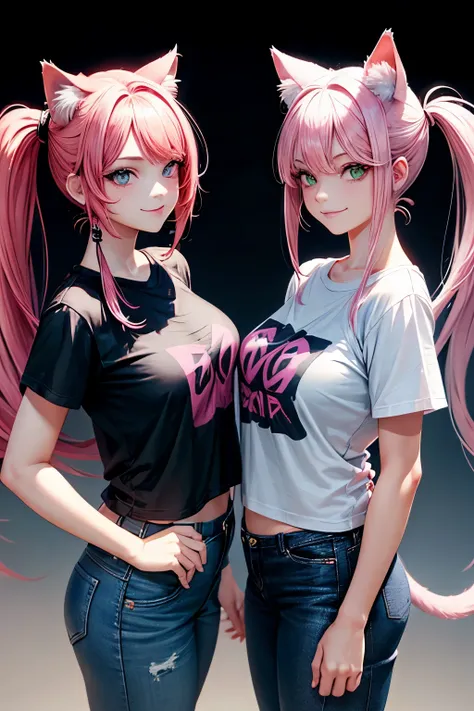 Top quality, High resolution, Perfect human structure, Cat ears, Front view, Glossy hair, Pink hair, Twin-tail, Urban, Gradient eyes, Sleek bangs, Frontal angle, T-shirt, Jeans, Smile