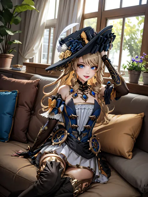 (masterpiece, best quality, detailed), 1girl, solo, blue eyes, drill hair, bangs, looking at viewer, long hair, dress, hat, hat flower, hat feather, jewelry, flower, gloves, detached sleeves, elbow gloves, hat feather, thighhighs, thigh boots,
indoors, cou...