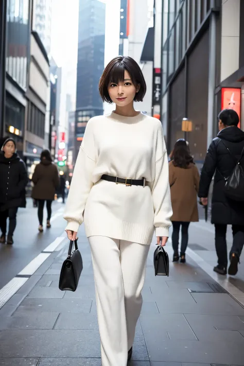 Japan attractive woman、A cute woman with short hair and average breasts walking through the Marunouchi business district、Full-length portrait in white sweater