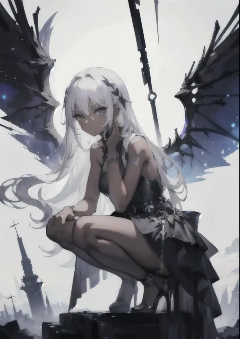 ((Highest quality)), ((masterpiece)), (detailed), One girl,Silver Hair,Long Hair，Dark Skin,Wearing a black sleeveless dress，Wear black high heels，Squatting pose on top of the tower,Starry Sky，cloud，Girl with wings，Look away