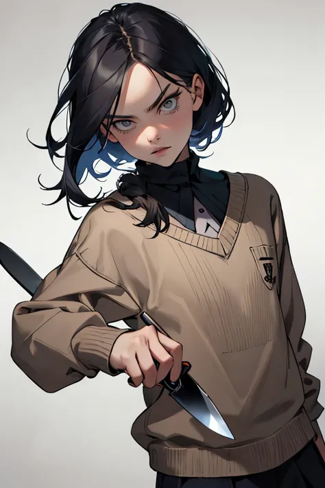 ((best quality)), ((masterpiece)), (detailed), 1girl, Wednesday Addams, sweater, knife, cut, slash, menacing look.