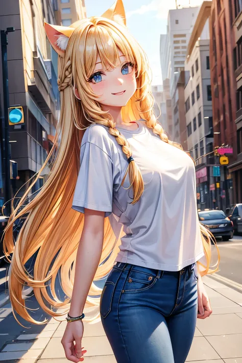 High resolution, perfect human anatomy, cat ears, front view, glossy hair, golden hair, braids, near future, pastel colors, gradient eyes, flowing bangs, front angle, t-shirt, jeans, city, smiling face,