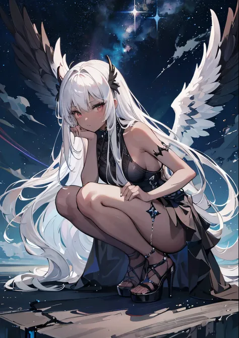 ((Highest quality)), ((masterpiece)), (detailed), One girl,Silver Hair,Long Hair，Dark Skin,Wearing a black sleeveless dress，Wear black high heels，Squatting pose on top of the tower,Starry Sky，cloud，Girl with black wings，Look away