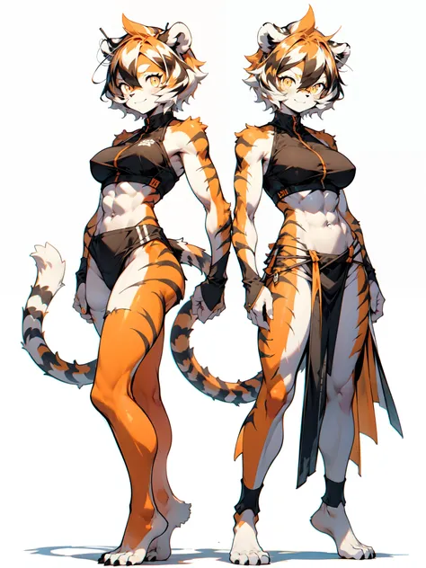 front and back,white background, full body, Standing:1.5, Crotch cloth and bikini bra,animal ears, white hair, black hair, short hair, large breasts, tiger skin，Abdominal muscles, tail, orange eyes, orange hair, multicolored hair, tiger girl, hair between ...