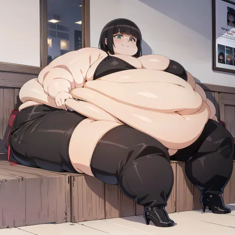 1 girl, , blushing, short black hair, black bikini, black heels, sitting in a cafe, smile, gorda, very fat, morbid obesity, extr...