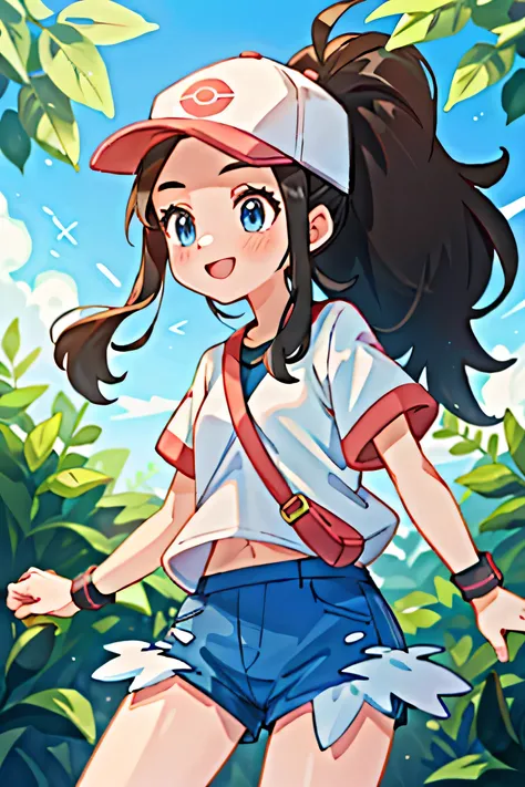 (masterpiece:1.3), (Highest quality:1.2), (Detailed Background:1.1), (Intricate details:1.1), One girl, Hilda Pokemon, Baseball cap, High Ponytail, Long Hair, blue eyes, Shorts, shirt, Best, Wristband, Outdoor, smile, sunlight, Have a Pokeball, 