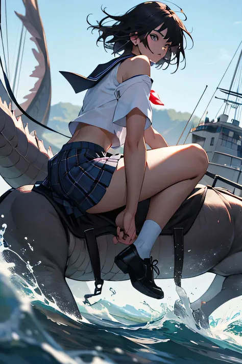 ((best quality)), ((masterpiece)), (detailed), 1girl, Sailor Saturn , school clothes , plaid skirt, menacing look, off shoulder, knife, cut, slash, riding water dragon
