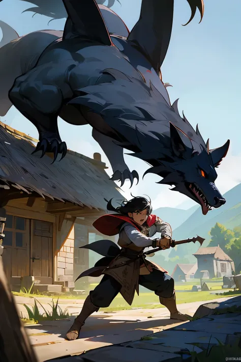 A young boy with black hair wearing medieval adventurer clothes, fighting bravely against a large beast with sharp claws and huge teeth, Near a medieval village with stone houses and thatched roofs in an epic fantasy setting