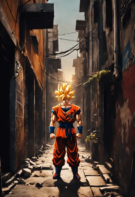 (realist,fotorrealist:1.37),Ultra detailed,Detailed illustration of Goku(detailed,emotional,expressive,feature),with streetwear style clothes(in fashion,urban,Casual),Standing in a narrow alley(dark,brave,urban),Created with detailed shading and textures(d...