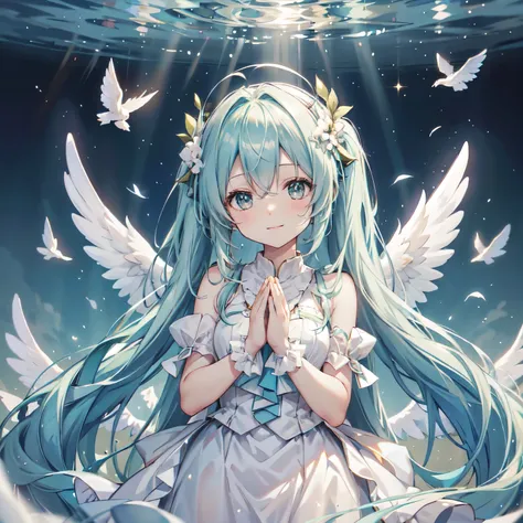 Hatsune Miku、White angel wings、Sheer white dress、Angel halo on head、heaven、I am praying、Smiling、Floating