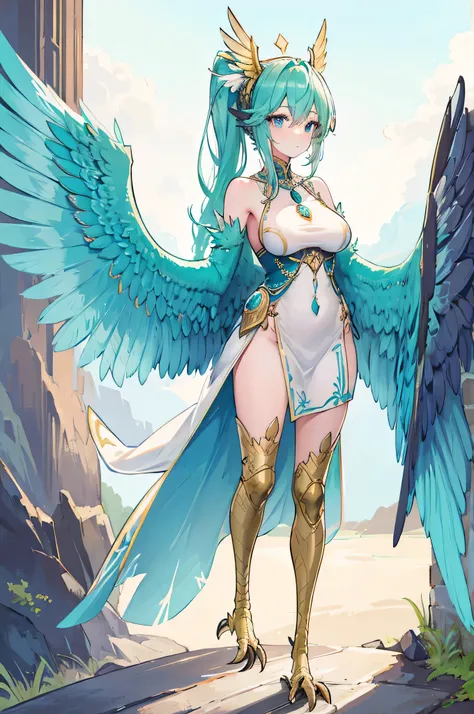 4K,High resolution,One Woman,Harpy,Green Hair,Long Ponytail,Braid,Blue Eyes,Big Breasts,White Wings,Golden toenails,Valkyrie,Female Pope,Goddess Dress,Winged headgear,Jewelry decoration,Castle in the Sky