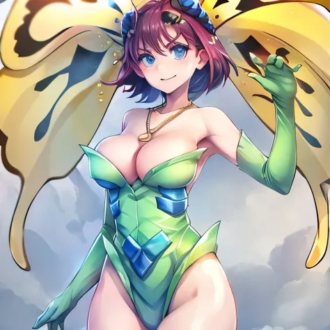  ((masterpiece,best quality,ultra-delicate,Perfect Face,16k,high resolution,very beautiful girl)),yellow butterfly wing on the head,brown medium short hair,green suits,large breasts,full body shot