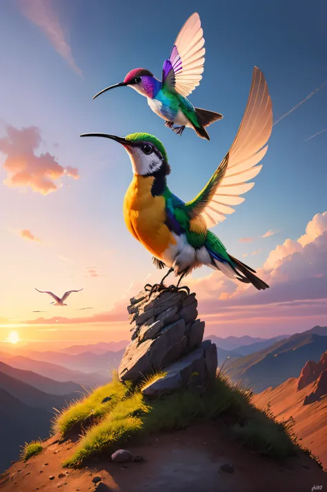 ((Best quality)), ((artwork)), (detailed), The strong hummingbird represents Farid Corporation, Dressed in gold armor, standing atop a mountain peak, dusk sky.