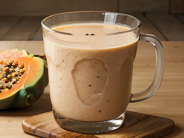 Create the photo of a papaya ginger and milk smoothie that decorates the ingredients