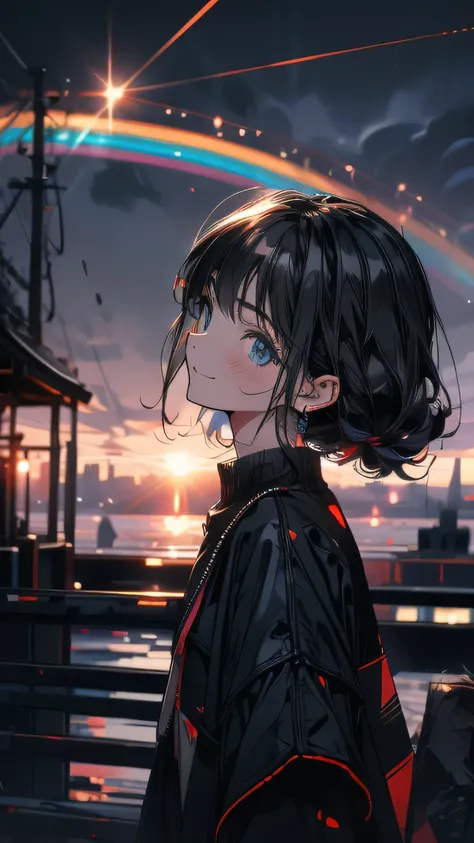 Best quality, far away angle, black hair, black clothes, ruined city, smiling face, double tails, big rainbow in the sky, grey sky