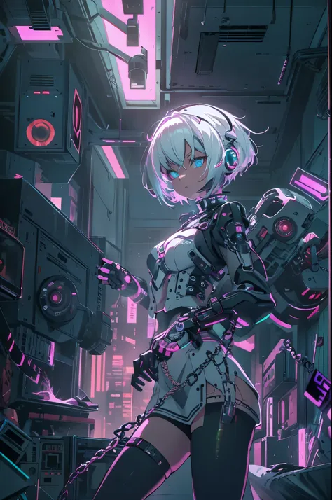 android girl,white hair,short and messy hair, purple neon eyes, holding a chain whip,chains on the hands,chains action, very cut...