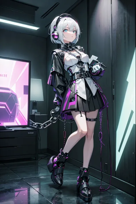 Android Girl,white hair,short and messy hair, purple neon eyes, Holding a chain whip,chains on the hands,chains action, very cute, skirt, white blouse, cyberpunk style, eletronic gloves, mecanic parts, eletronic details,living room background.HD lighting a...