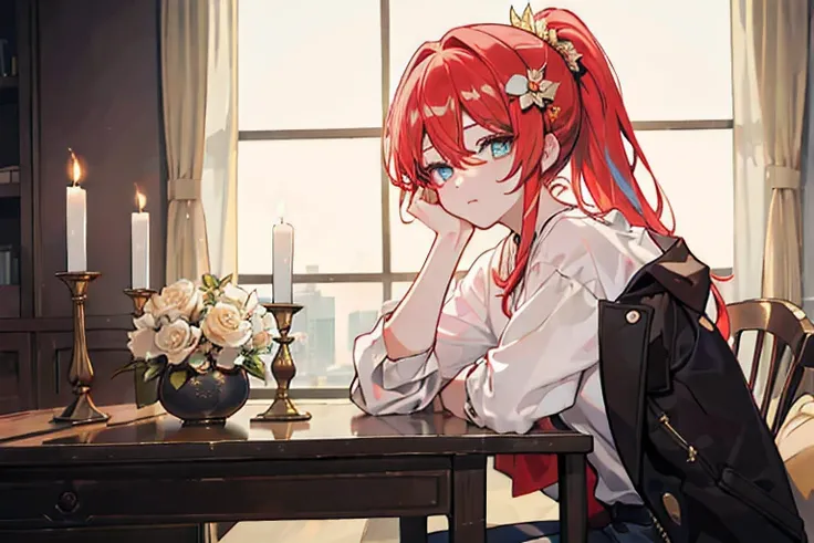 one-handed chin rest pose,(masterpiece, highest quality,8k quality) adult female, married women, red long hair,long red ponytail...