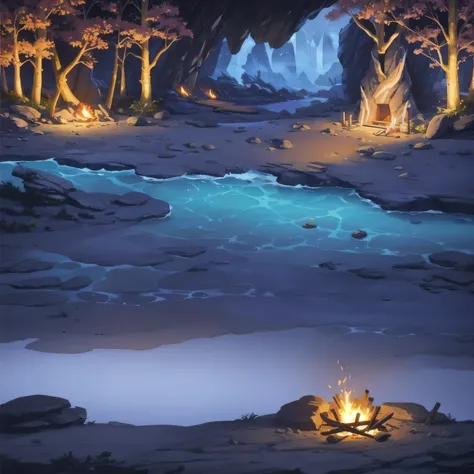 concept art, Horizontal Scene, horizon composition, There are no humans, sight, tree, night, cave, rock, bonfire, Agung Yi, outdoor camping,