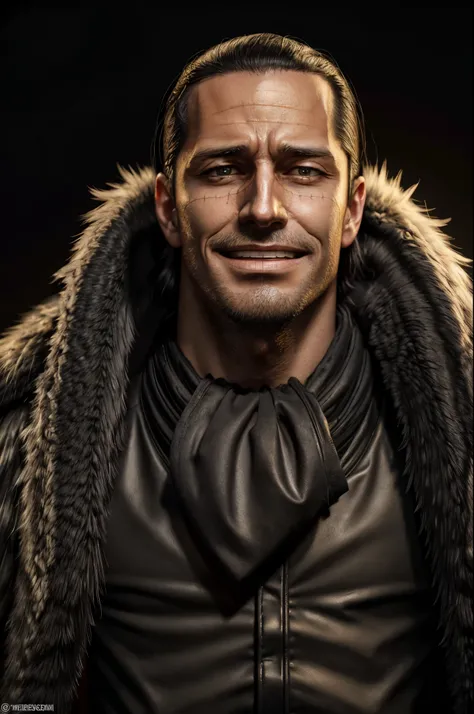 masterpiece, best quality, extremely detailed, hyperrealistic, photorealistic, a cool 40s man, ultra detailed face:1.3, fur-trimmed coat, scarf around the neck, outraged:1.1, sly smile, black background, extreme close-up shot, from back
